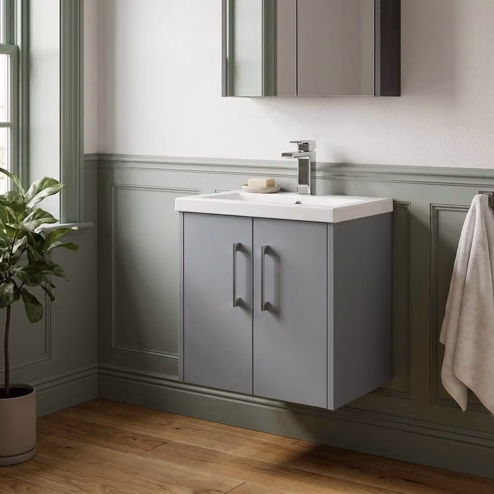 Balterley Winshill Contemporary Wall Mounted 2 Door Vanity Basin Unit in Matt Grey, Width: 50 cm – 2