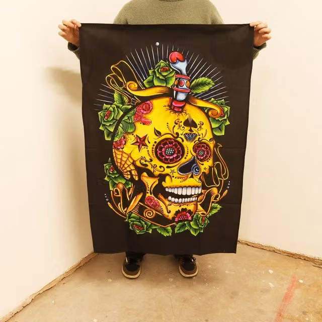 KDMK Colorful Dead of the Dead Skull Floral Wall Art, Multicolour Cotton Textile Decor, W: 110 cm, H: 70 cm