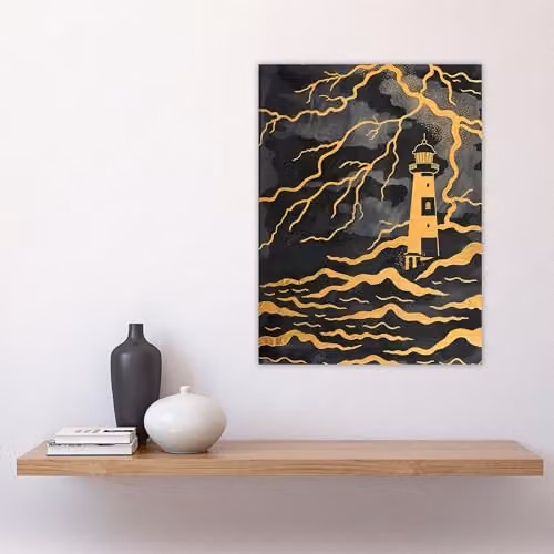 Artery8 Lighthouse Lightning Storm Gold Contrast Wall Art Poster Print on Thick Paper, 46 x 61 cm – 4