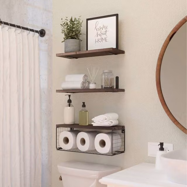 Komore Retro Wall Mounted Floating Shelf Set in Brown Wood and Metal