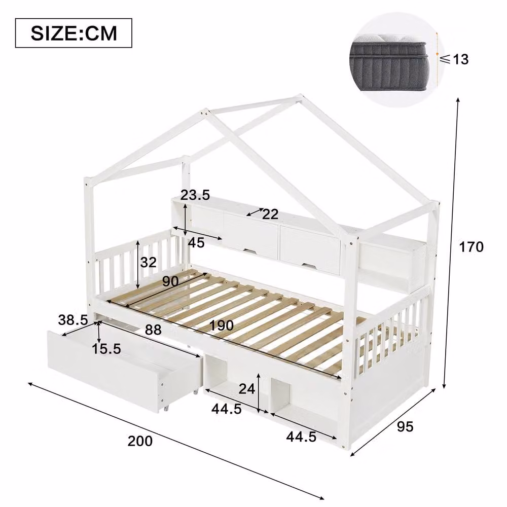 Rolipo Childrens White Wooden House Bed with Storage Drawers and Guardrail, W/D/H: 90 x 190 cm – 2