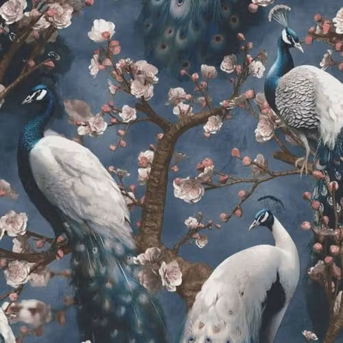 Erismann Abode Play of Light Peacock Navy Wallpaper, Art Nouveau Animal Design in Blue, Brown and Pink, Non-Woven Vinyl Roll – 1