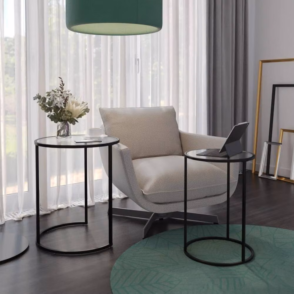 Levia 2 Piece Round Nested Coffee Tables with Glass Tops and Sled Base in Black and Multicolour – 2