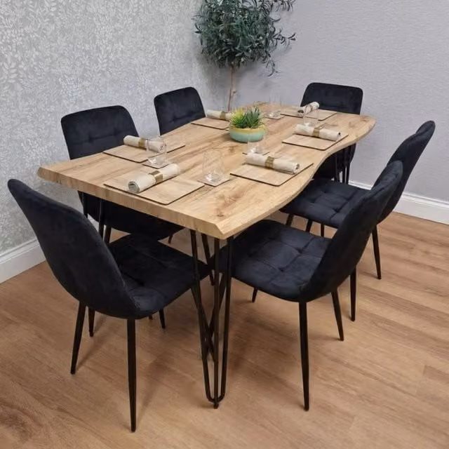 KOSY KOALA Rustic Brown Wooden Rectangular Dining Table and 6 Black Chairs Set