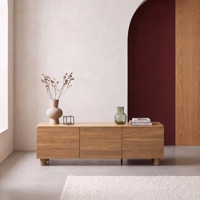 sweeek Minimalist Brown Wood and Metal TV Stand with 3 Doors, W/D/H: 140 x 40 x 53 cm