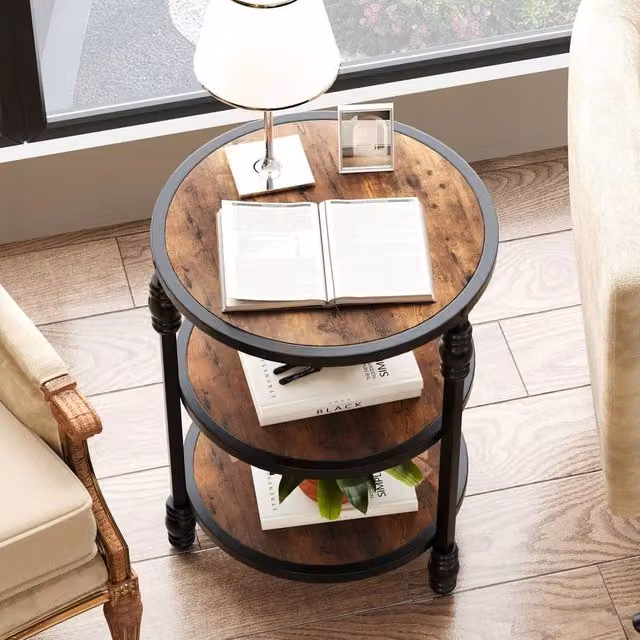 FORGEVIO 3 Tier Small Round Sofa Side Table with Storage in Brown