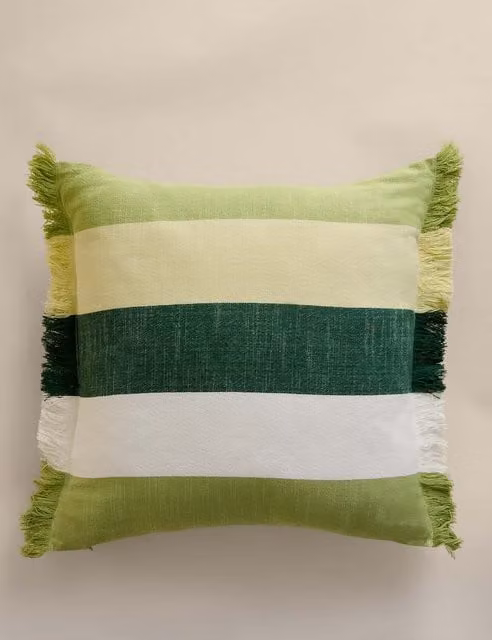 M&S Green Mix Striped Pure Cotton Woven Square Outdoor Cushion with Stain Repellent Finish