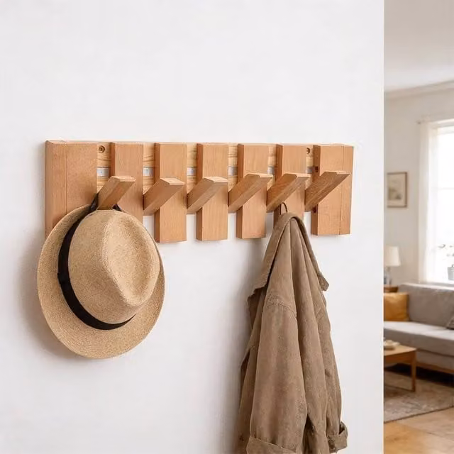KORVIXA Natural Wood Piano Key Coat Hook Rack with 6 Hooks, Brown, W: 90 cm – 1