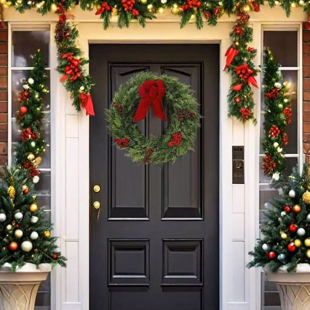 London Boutique Artificial Outdoor Christmas Wreath with Bow, Diameter: 60.96 cm – 6