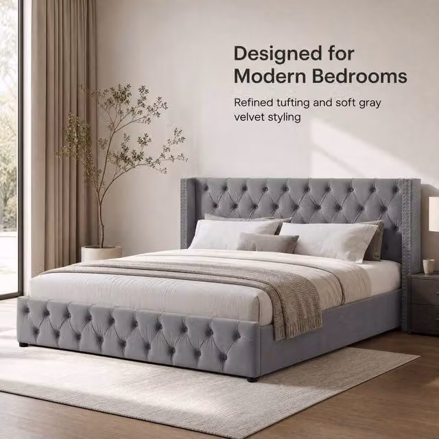 STILVORA Grey Velvet Upholstered King Size Bed with Lift-Up Storage W/D/H: 150 x 200 x 300 cm – 1