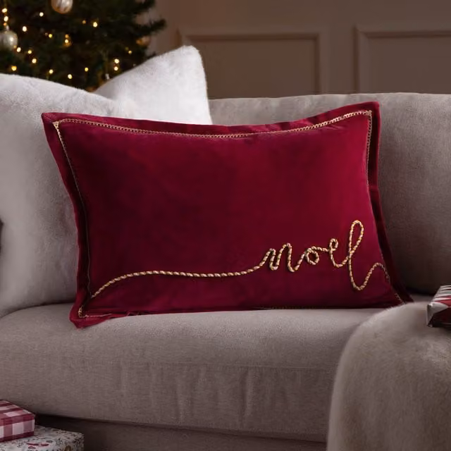 Winter Noel Applique Velvet Cushion in Red