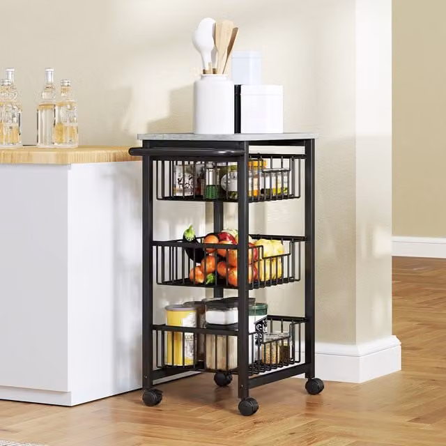HOMCOM 4 Tier Kitchen Island on Wheels with 3 Pull Out Baskets in Light Grey