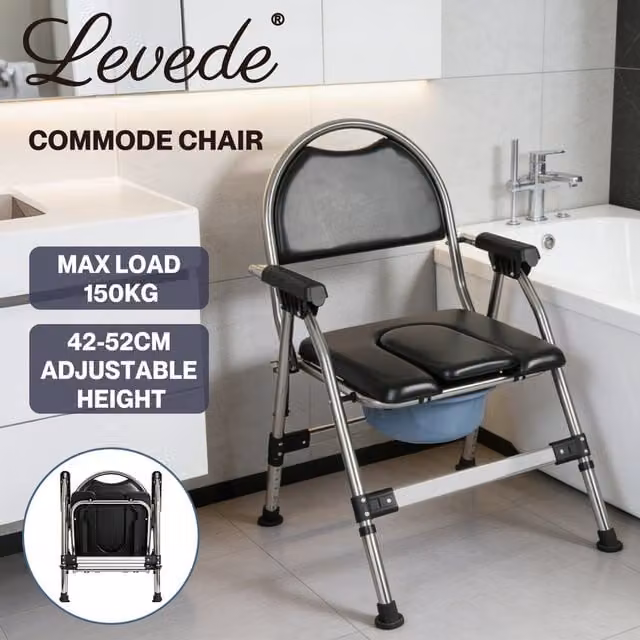Levede Folding Commode Chair, Adjustable Height Toilet and Shower Seat, Black
