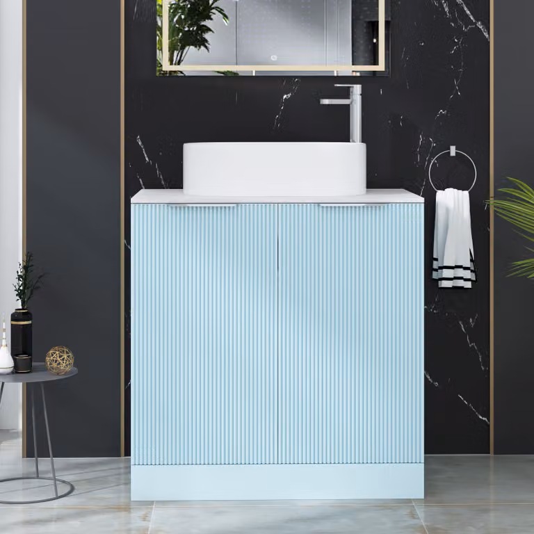 Royal Bathrooms Evora 800mm Powder Blue Fluted Floor Standing Countertop Vanity Unit with Peak Basin and 2 Soft Close Doors