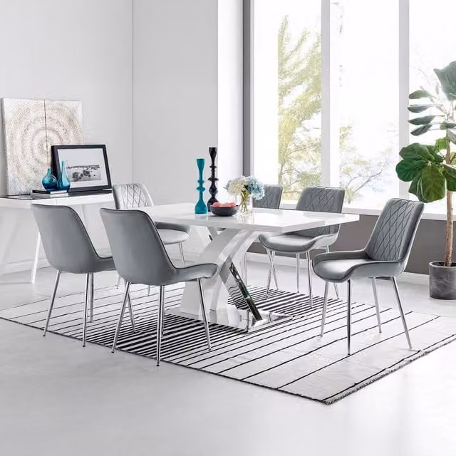 FurnitureboxUK Atlanta White Dining Table and 6 Pesaro Grey Chairs with Silver Legs – 1