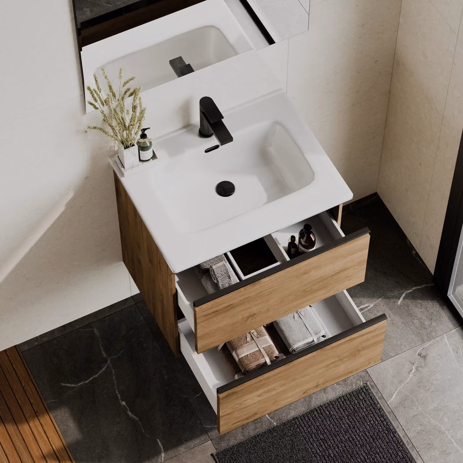 Banyetti Akiro 600mm Wall-Hung Vanity Unit with Athena Basin in Walnut – 2