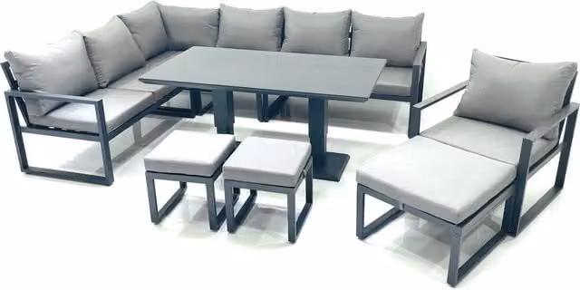 Fimous Aluminum Outdoor Garden Furniture Set in Dark Grey with Corner Sofa, Chair, 3 Footstools and Height Adjustable Dining Table – 1
