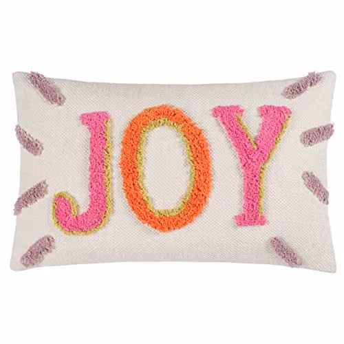 Heya Home Joy Cotton Tufted Rectangular Cushion in Pink, White and Multicolour, W: 50 cm, H: 30 cm
