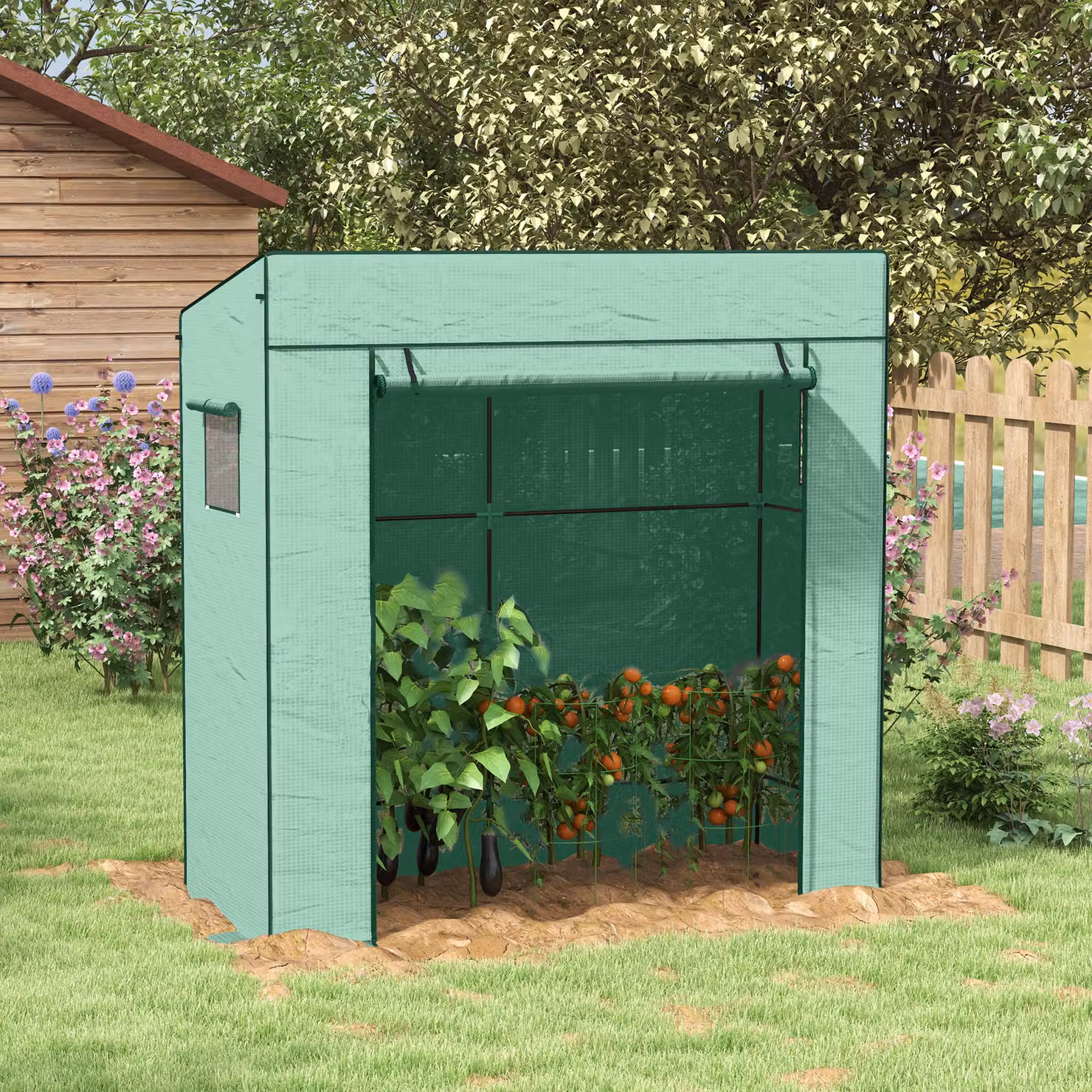 Outsunny Lean-to Walk-In Greenhouse with Plastic Cover and Windows in Green – 5