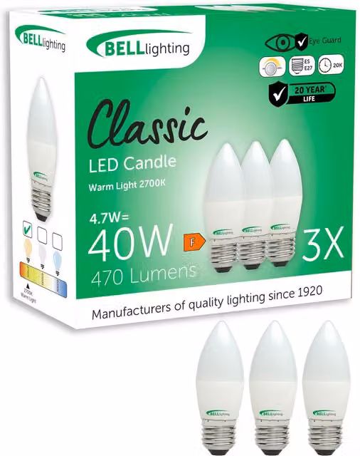 British Light Works E27 Dimmable LED Filament Candle Bulbs, 4.7W, Warm White 2700K, Pack of 6