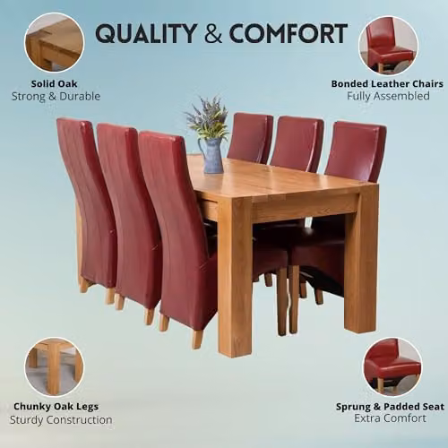 Thats Furniture Kuba Oak Dining Table and 6 Lola Red Leather Chairs Set, W/D/H: 180 x 90 x 78 cm – 2