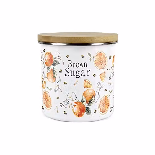 Purely Home Painted Tangerines Enamel and Bamboo Kitchen Storage Canister in White and Orange