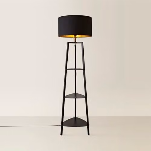 ValueLights Hiru Black 3 Tier Wooden Shelf Floor Lamp with Black and Gold Shade, H 155 x W 45 x D 45 cm – 1