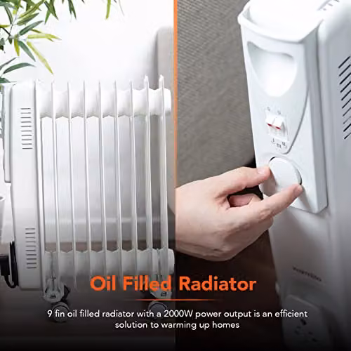 Warmies 2000W Freestanding Oil Filled Radiator with Timer and Thermostat, White, H: 54.7 cm, W: 39 cm, D: 23.5 cm – 2