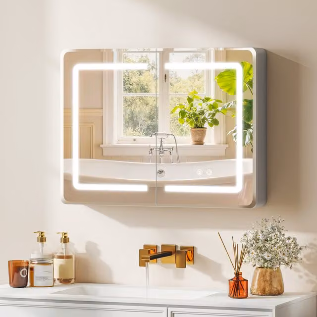 HOMCOM LED Bathroom Mirror Cabinet with Double-Sided Mirrors and Anti-Fog Function, Silver