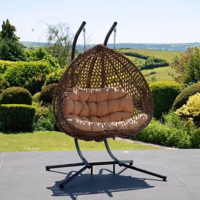 Artemis Home Alston Double Garden Hanging Egg Chair in Brown and Black Polyrattan with Cushions