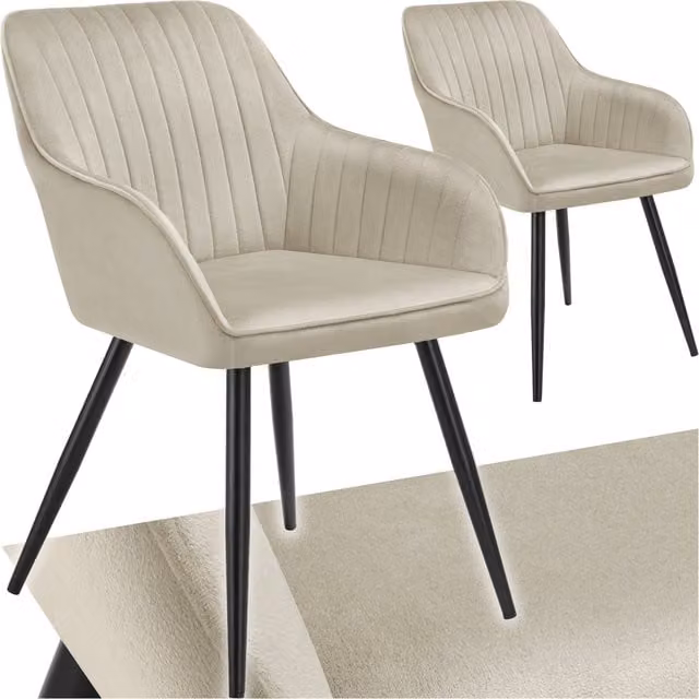 Tectake Marilyn Quilted Velvet Dining Chair in Beige with Metal Legs, Set of 2