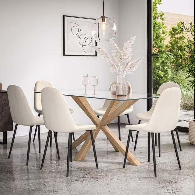 More4Homes Etta Glass Dining Table Set with Oak Legs and 6 Maya Boucle Chairs in Ivory White and Transparent