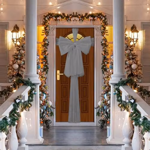 SHATCHI Silver Christmas Door Bow, 9m Giant Textile Bow for Front Door Decorations – 3