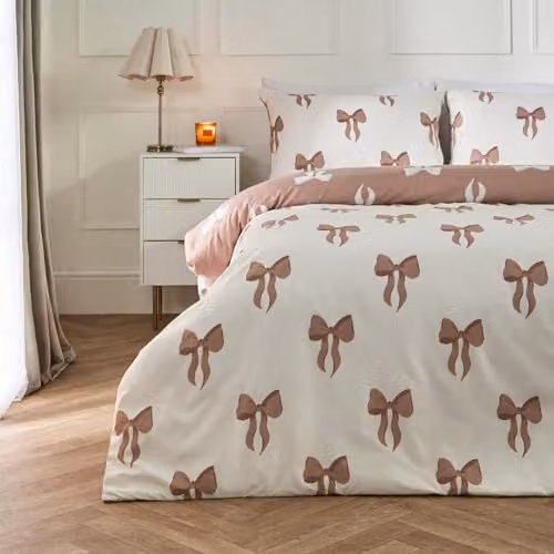 OHS Reversible Microfibre Bows Bedding Set in Taupe, King Size Duvet Cover and Pillowcases, W/D/H: 180 x 200 cm, Pillowcases: 48 x 74 cm