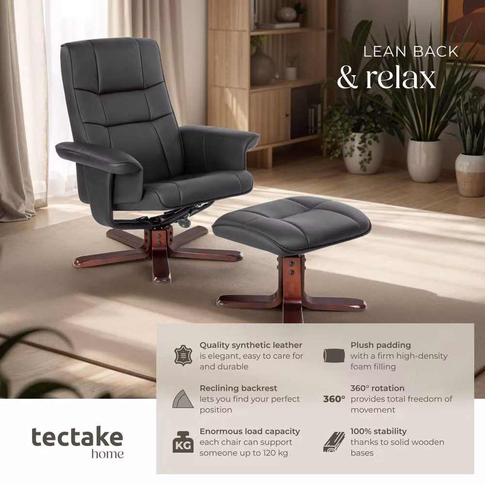 tectake Relax Recliner Armchair with Ottoman and Armrests, Black Synthetic Leather, Swivel and Adjustable Backrest – 2