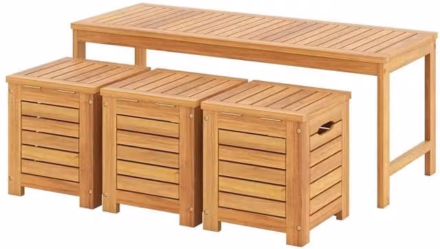 Kelvenix 4-Piece Brown Acacia Wood Outdoor Bench and Storage Box Set