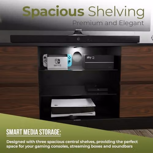 Centurion Avitus Gloss Black TV Stand with 4 Walnut Drawers and 3 Shelves for 32-65 inch LED/LCD/Plasma Screens, W/D/H: 158 x 40 x 48 cm – 8