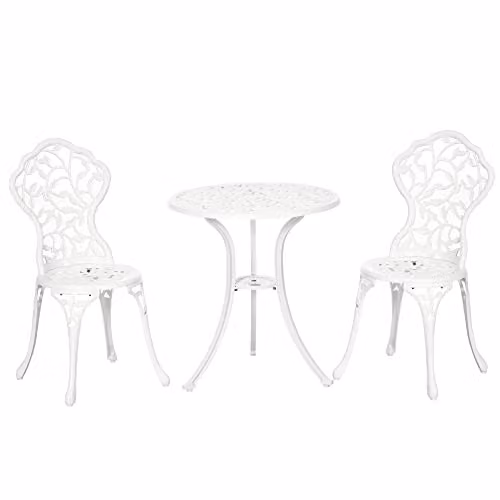 Outsunny 3 Piece Aluminium Bistro Set with Floral Pattern Dining Table and Chairs in Antique White