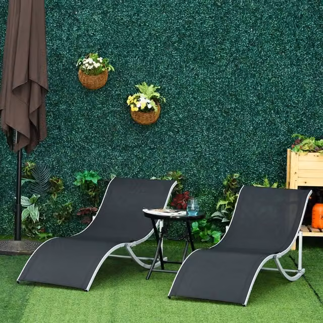 Outsunny Set of 2 Black S-shaped Foldable Lounge Chairs with Textilene Fabric and Powder Coated Aluminium Frame