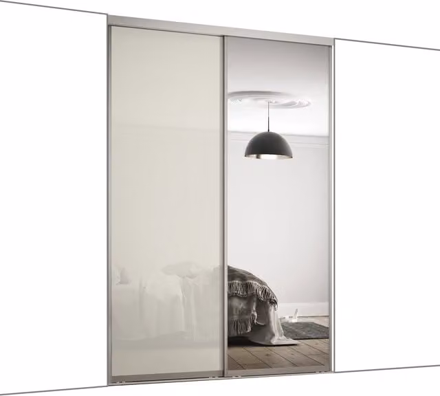 Spacepro Contour Silver Frame Sliding Wardrobe Door Kit with Arctic White Glass and Mirror, 610mm