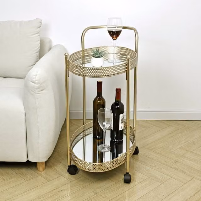 Spot On Dealz Gold Drinks Trolley with Two Mirrored Glass Shelves and Castors