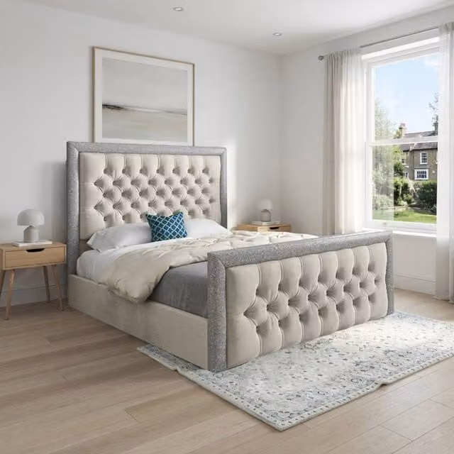 Casani Thornton Designer Bed Frame in Beige Soft Velvet with Glitter Border, W/D/H: 137 x 120 x 128 cm