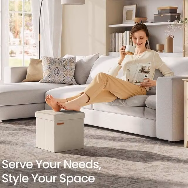 SONGMICS Small Foldable Storage Ottoman Foot Rest in Light Sand – 1