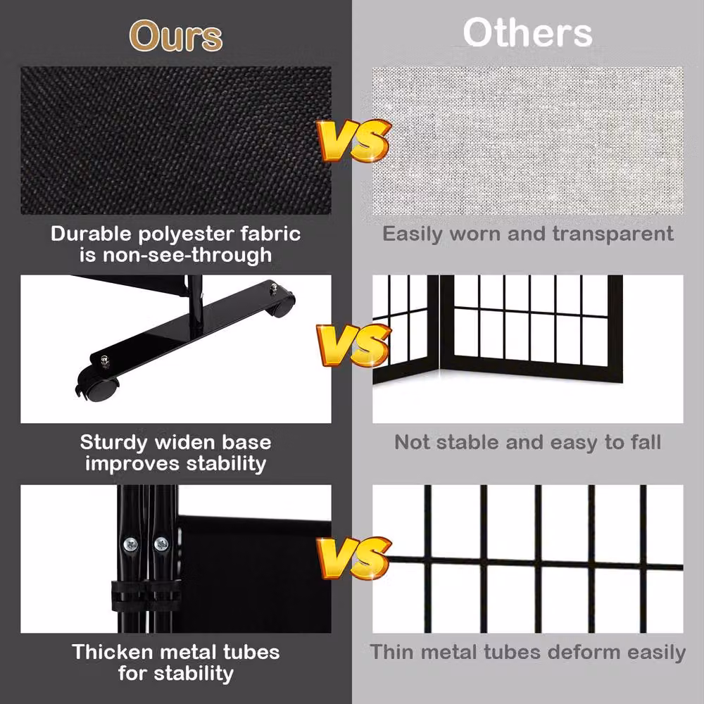 CASART 4 Panel Rolling Privacy Screen Room Divider in Black – 4