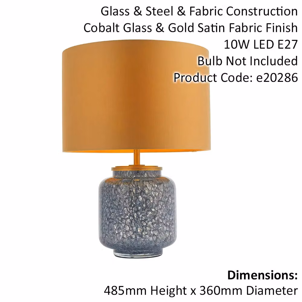 Loops 2 Pack Cobalt Blue Glass Table Lamps with Gold Fabric Shades and Antique Brass Details – 2
