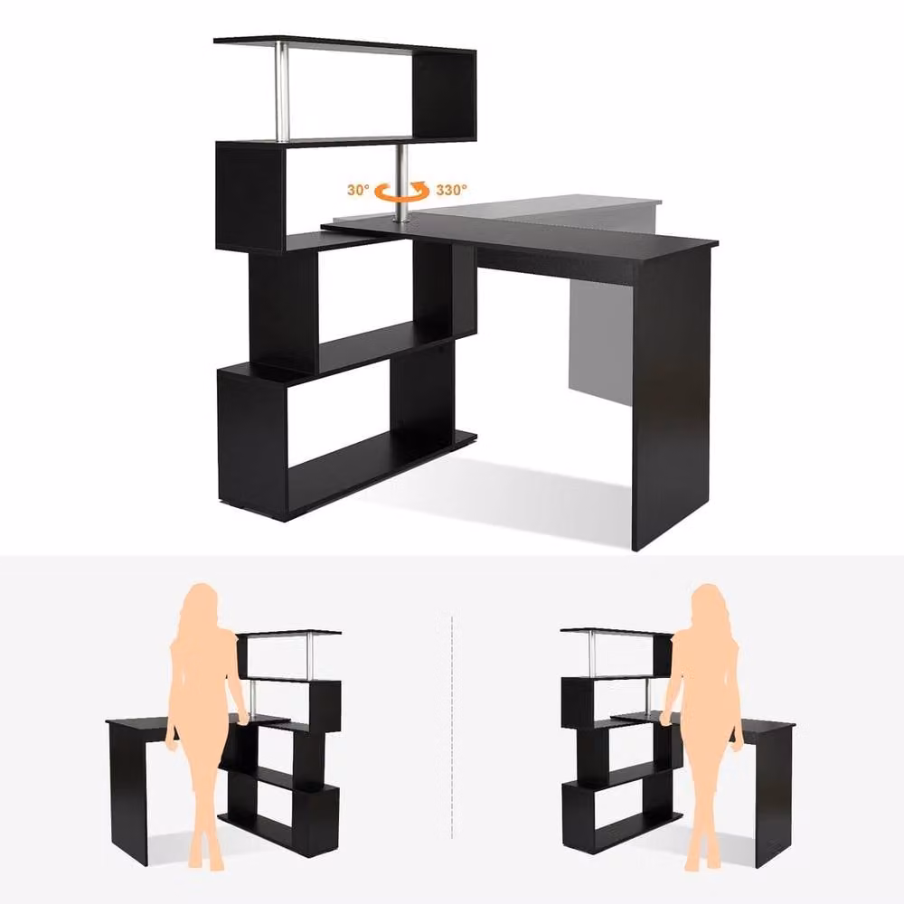 FORGEVIO L-Shaped Corner Computer Desk with Rotating Top and Shelving in Black – 5