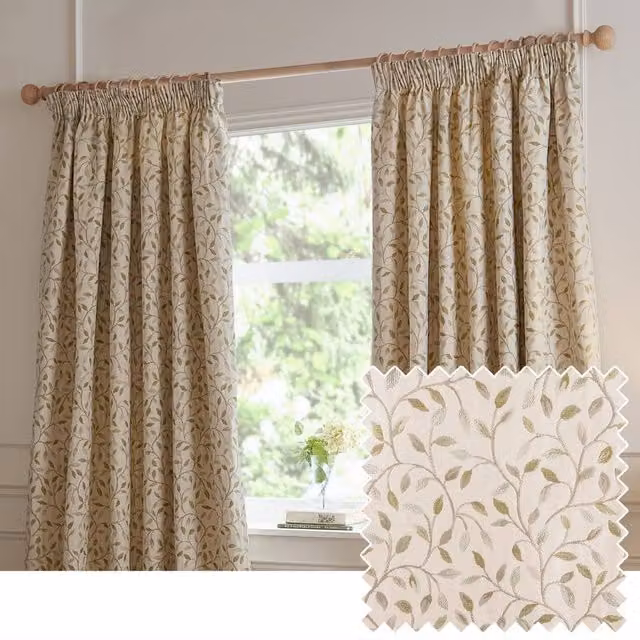 Voyage Maison Cervino Jacquard Pencil Pleat Curtain Pair in Green, Width: 117 cm, Drop: 137 cm – 1