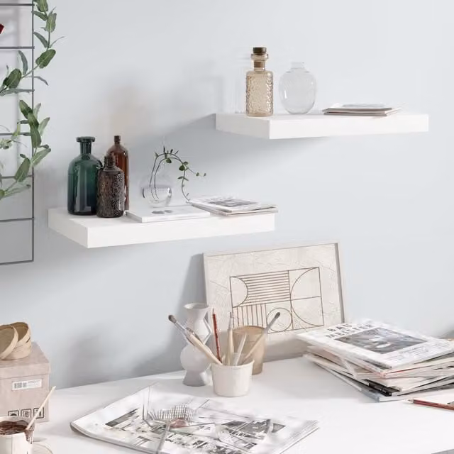 Berkfield Home High Gloss White Floating Wall Shelves, 2 Pack, W: 40 cm, D: 23 cm, H: 3.8 cm