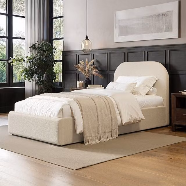 Flair Single Upholstered Velvet Ottoman Bed in Beige and White, W/D/H: 90 x 200 cm