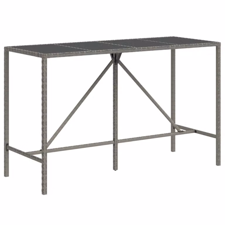 Berkfield Home Grey Poly Rattan Bar Table with Glass Top, W: 180 cm, D: 70 cm, H: 110 cm